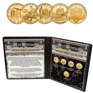 21st Century 24K Gold Plated Lincoln Penny Collection Set of 5 with Vinyl Case